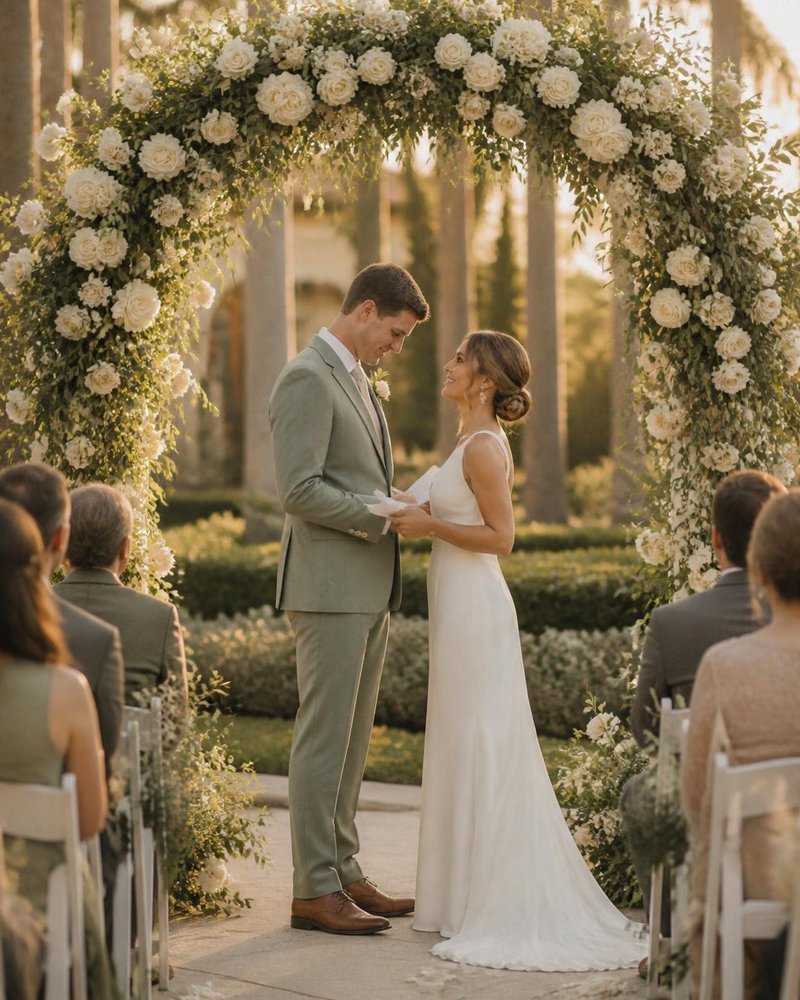Emma and Will exchanging vows under a white rose arch
