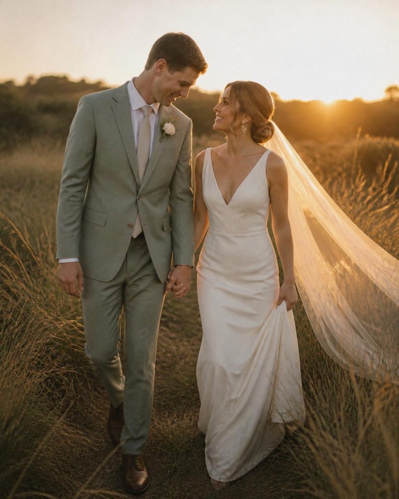 Emma and Will walking through tall grasses at golden hour