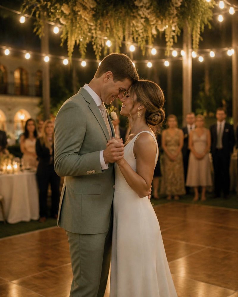 Emma and Will sharing their first dance under string lights