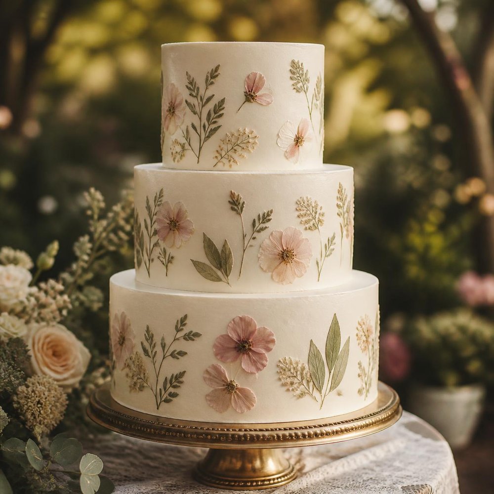 Three-tier cake with pressed flowers