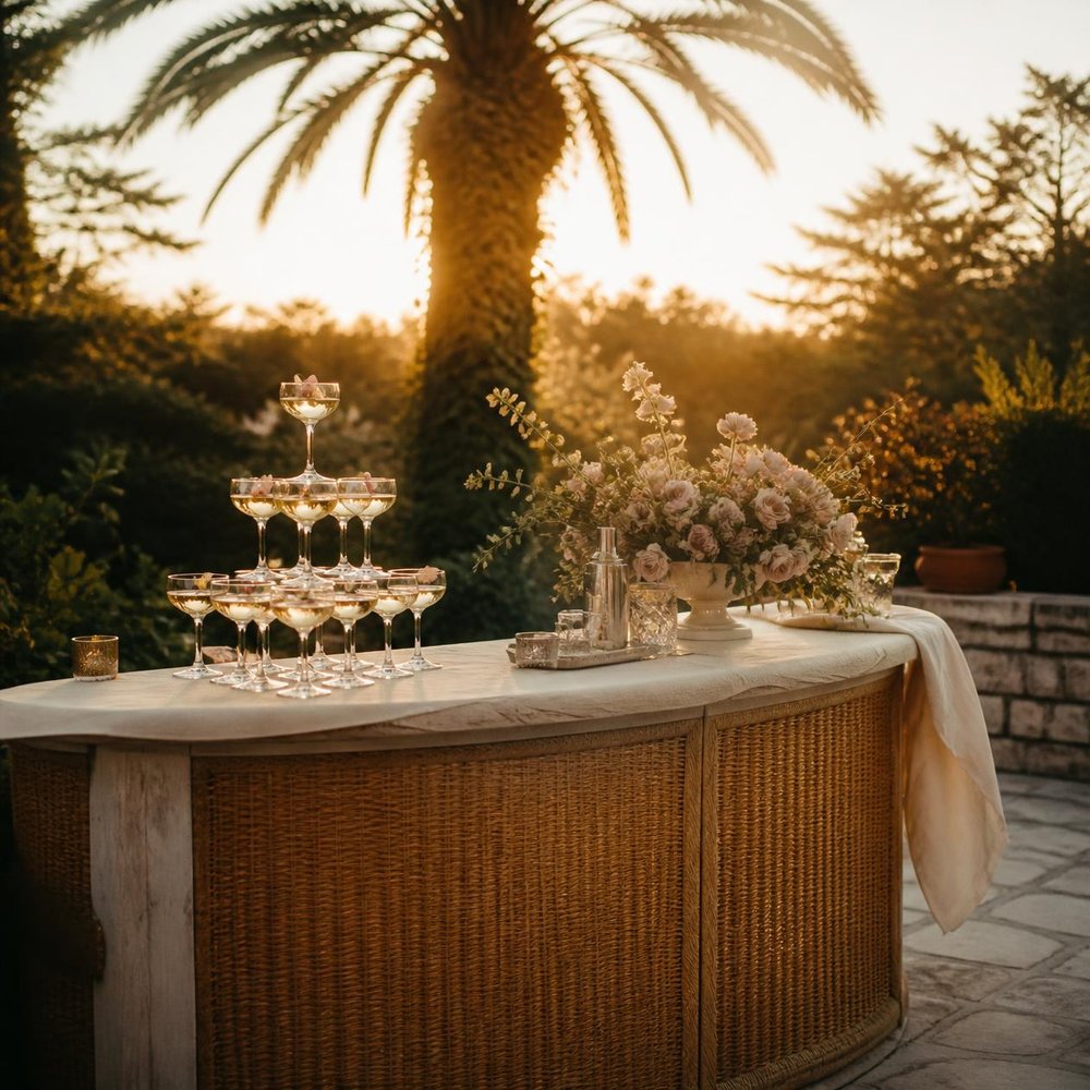 Champagne tower at a sunset cocktail hour