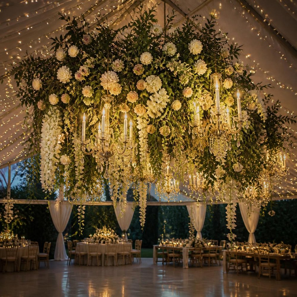 Hanging floral installation over a dance floor