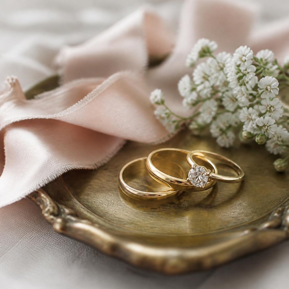 Wedding rings on a vintage brass tray