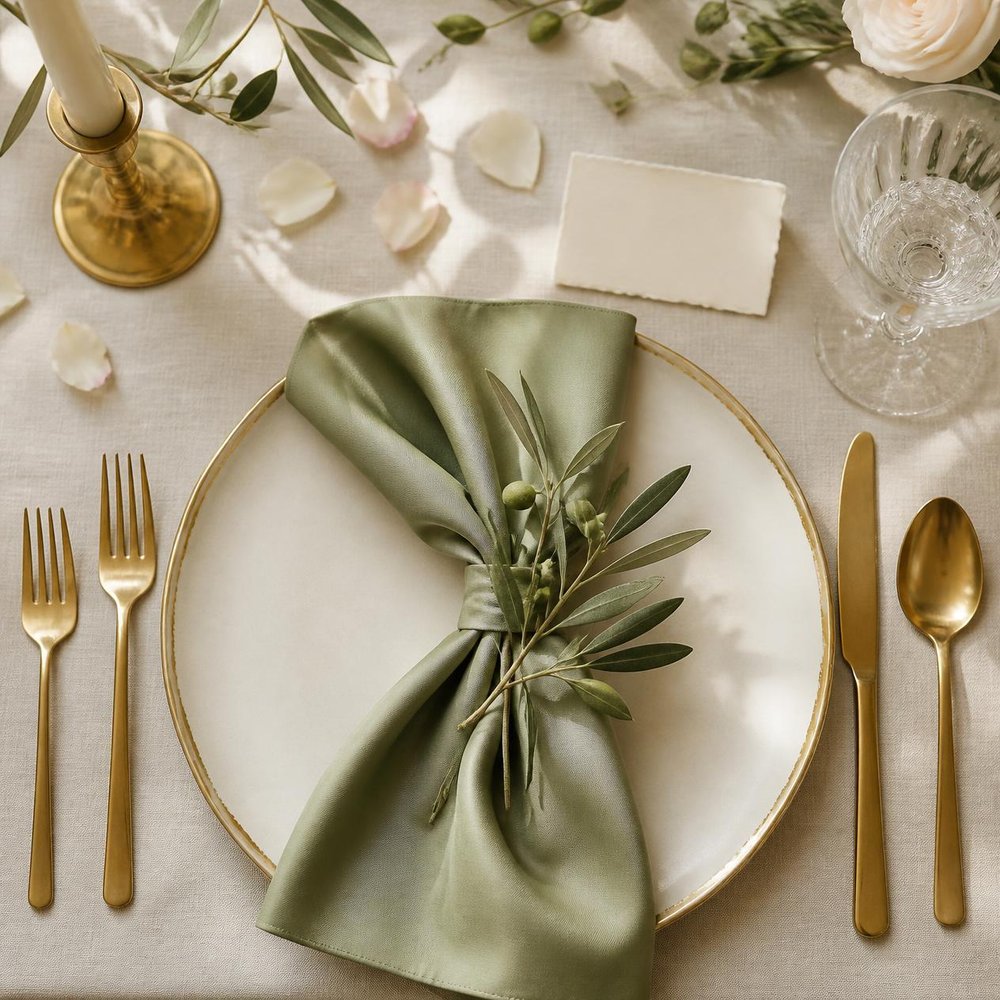 Place setting with a sage napkin and olive sprig