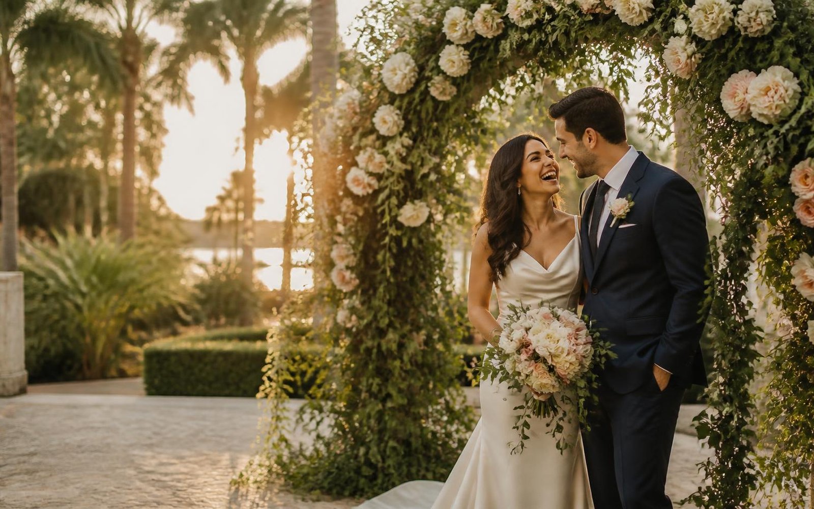 Couple laughing beneath a floral arch of white roses at golden hour