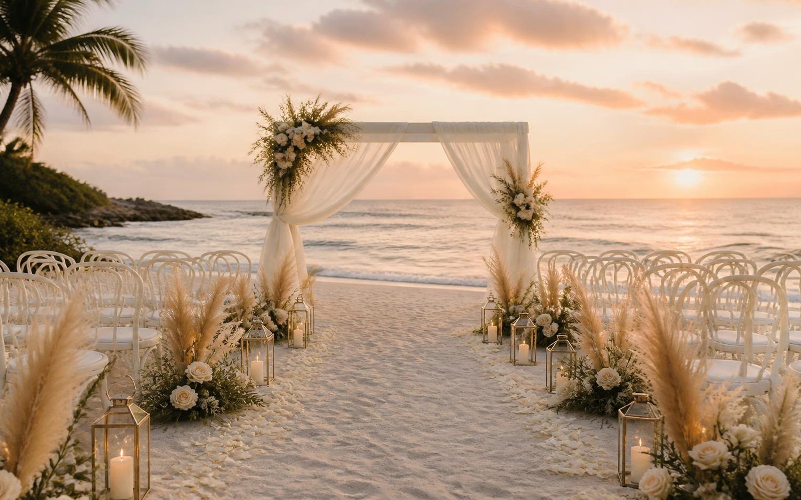 Beach ceremony aisle lined with roses and lanterns at sunset