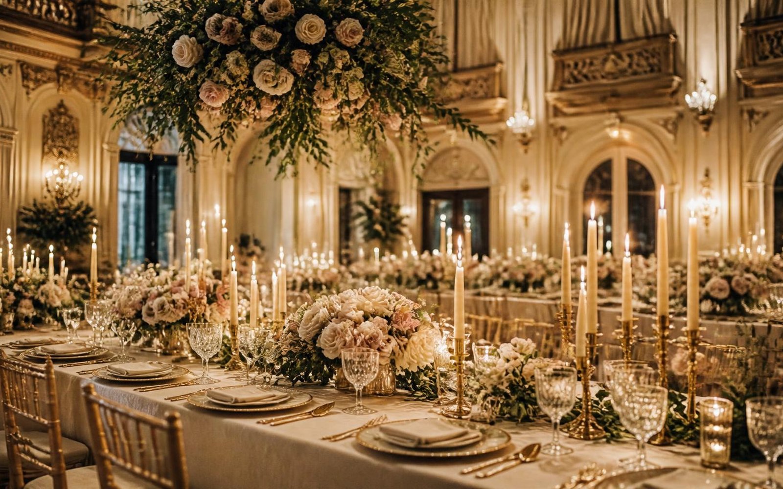Candlelit reception tables in a historic ballroom