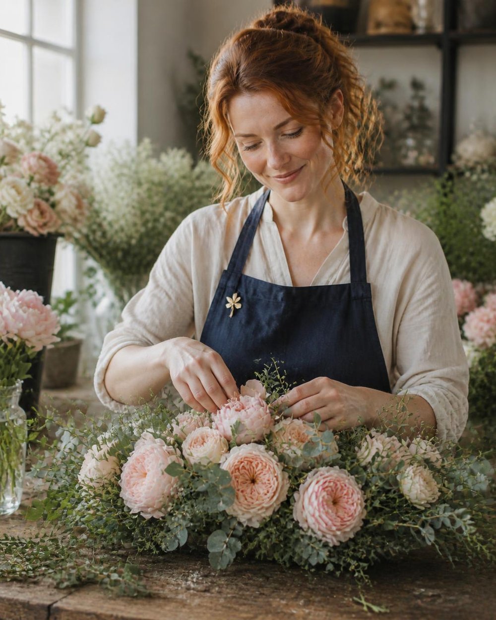 Juliet arranging a centerpiece of garden roses